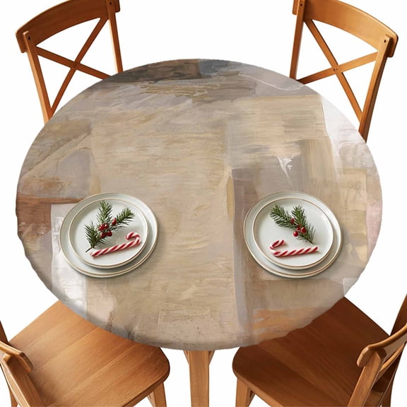 Round Tablecloth Khaki Paint Textured Elastic Edge Fitted Abstract Rustic Brown Tones Plastic Table Cover,Waterproof Oil Proof for Dinner,Outdoor, Picnic, 36" - 44"&nbsp; DIA Tables