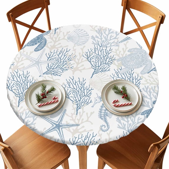 Round Tablecloth Light Blue Gray Coastal Elastic Edge Fitted Ocean Animals Pattern Plastic Table Cover,Waterproof Oil Proof for Dinner,Outdoor, Picnic, 55"- 60" DIA Tables