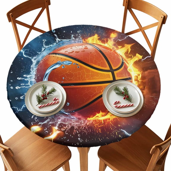 Round Tablecloth Lightning Basketball Elastic Edge Fitted Water And Fire Plastic Table Cover,Waterproof Oil Proof for Dinner,Outdoor, Picnic, 45"- 54" DIA Tables