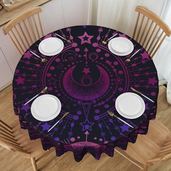 Round Tablecloth Magic Astrology Witch Moon 60 Inch Table Cover for Dining Polyester Cloth with Scalloped Edges Stain Resistance Kitchen Picnic Party Restaurant Decoration