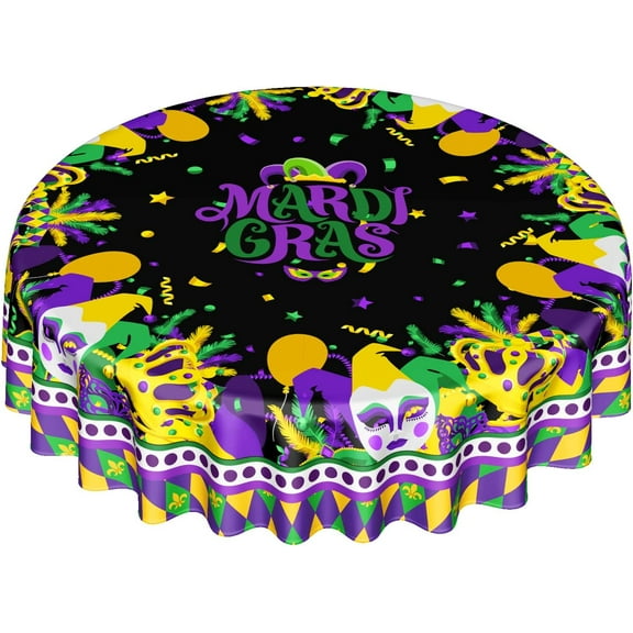 Round Tablecloth for Mardi Gras Party, Masquerade, Carnival Celebration,Mask Balloon Holiday Table Clothes 60 inch Table Cover Dining Table Decoration