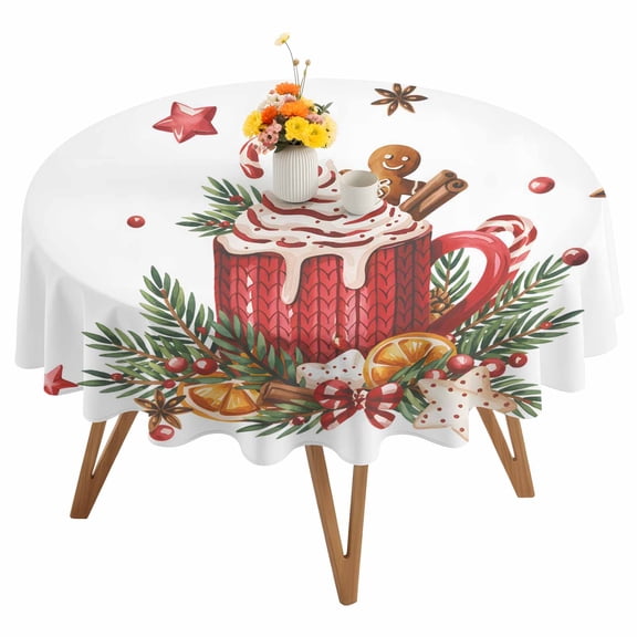 Round Tablecloth Merry Christmas Waterproof Oil Proof Polyester Table Cloth Cover Decor for Home Dining Outdoor,Patio,Parties, 54" Dia. Coffee Cup Gingerbread Man White