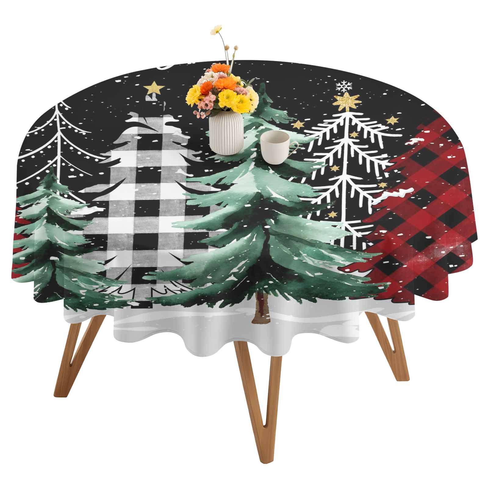 Round Tablecloth Merry Christmas Waterproof Oil Proof Polyester Table Cloth Cover Decor for Home Dining Outdoor,Patio,Parties, 54" Dia. Red Black Buffalo Plaid Christmas Tree Winter