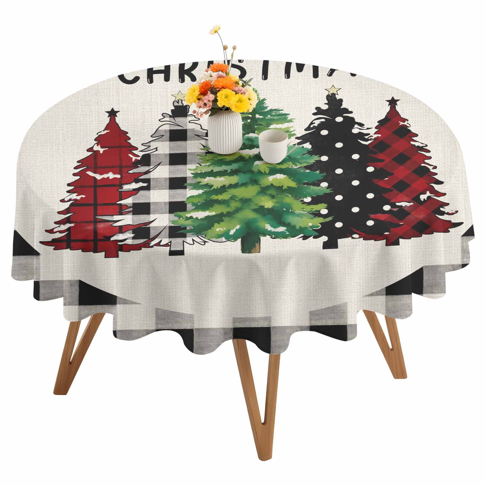 Round Tablecloth Merry Christmas Waterproof Oil Proof Polyester Table Cloth Cover Decor for Home Dining Outdoor,Patio,Parties, 60" Dia. Farmhouse Plaid Christmas Tree