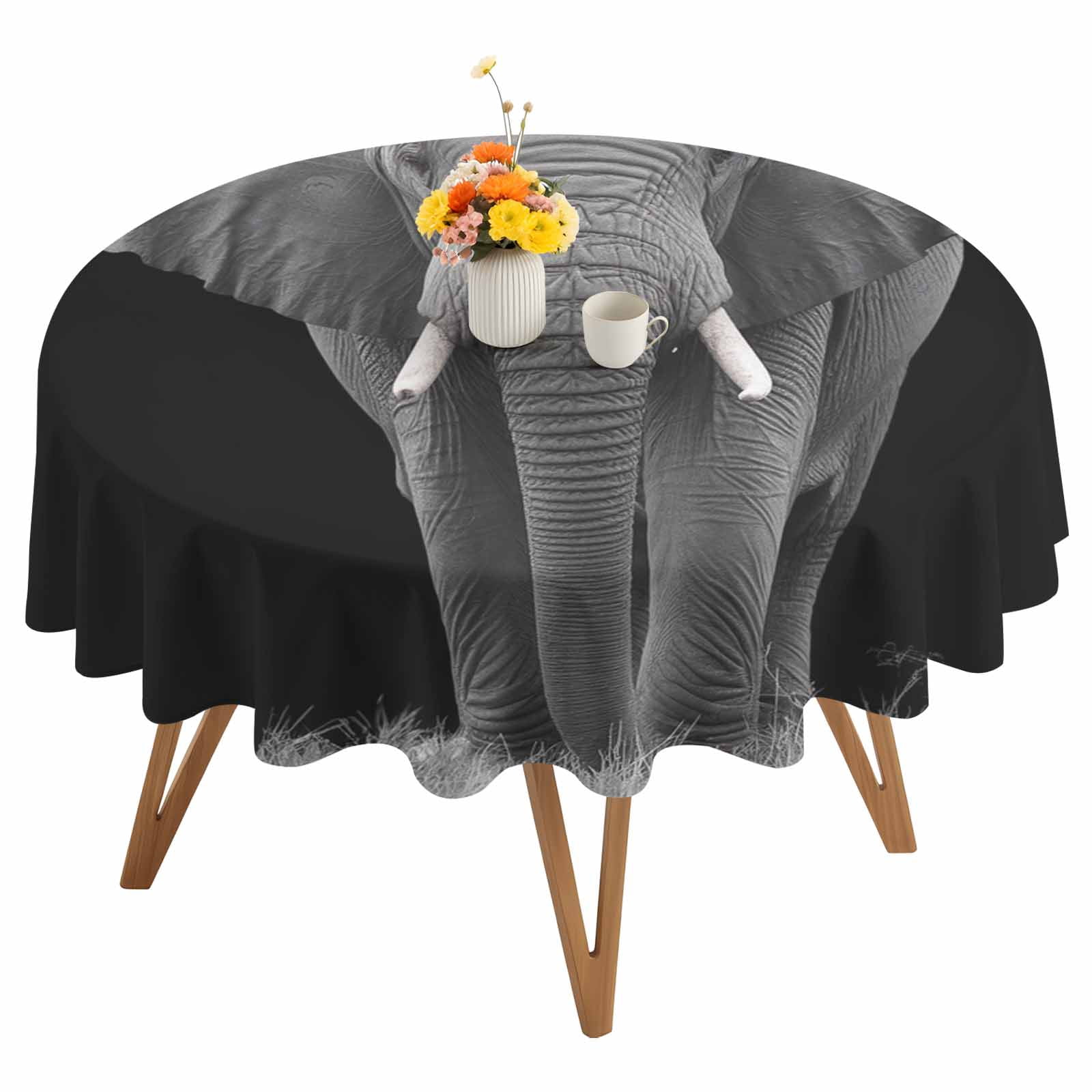 Round Tablecloth Modern Vintage Waterproof Oil Proof Polyester Table Cloth Cover Decor for Home Dining Outdoor,Patio,Parties, 60" Dia. Elephant Bird Animal Black Grey