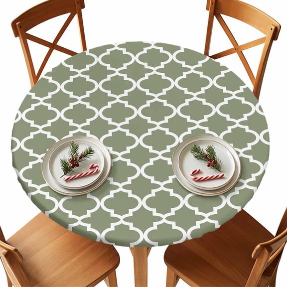 Round Tablecloth Moss Green White Geometric Elastic Edge Fitted Minimalist Morocco Pattern Plastic Table Cover,Waterproof Oil Proof for Dinner,Outdoor, Picnic, 45"- 54" DIA Tables
