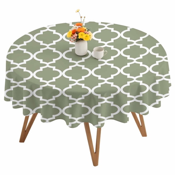 Round Tablecloth Moss Green White Geometric Waterproof Oil Proof Polyester Table Cloth Cover Decor for Home Dining Outdoor,Patio,Parties, 54" Dia. Minimalist Morocco Pattern