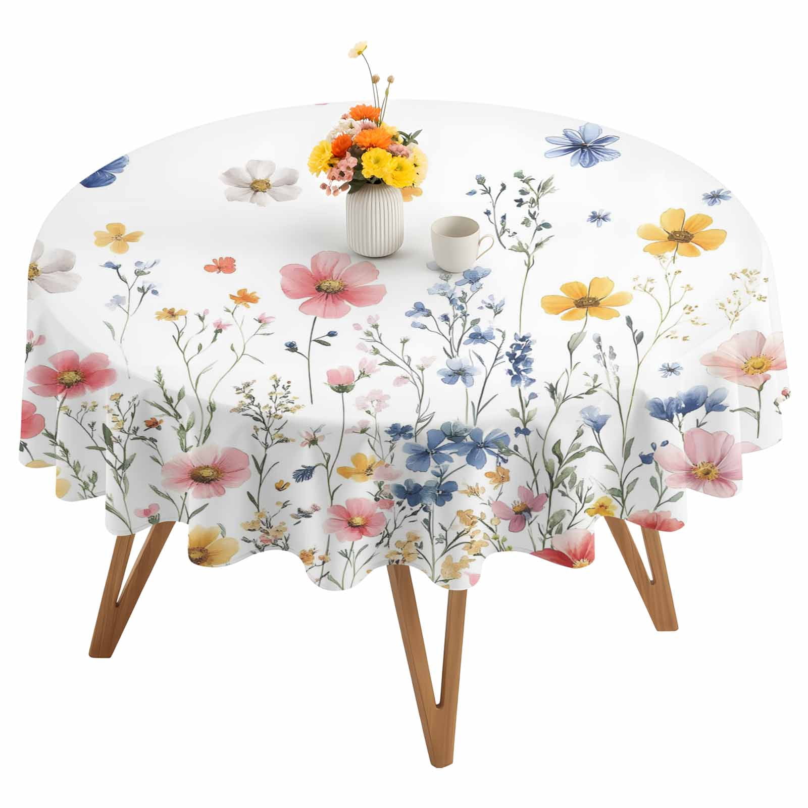 Round Tablecloth Multicolor Watercolor Floral Waterproof Oil Proof Polyester Table Cloth Cover Decor for Home Dining Outdoor,Patio,Parties, 54" Dia. Spring Pastel Wildflowers White