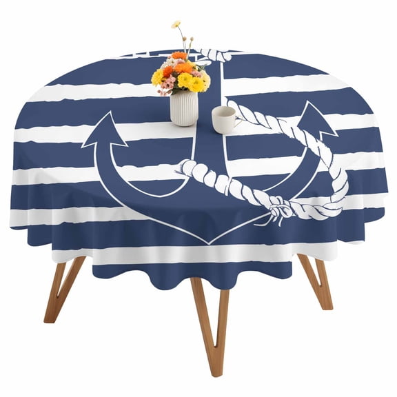 Round Tablecloth Nautical Anchor Waterproof Oil Proof Polyester Table Cloth Cover Decor for Home Dining Outdoor,Patio,Parties, 54" Dia. Navy Blue Striped Pattern