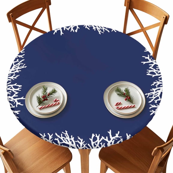 Round Tablecloth Nautical Coastal Elastic Edge Fitted Ocean Coral Texture Plastic Table Cover,Waterproof Oil Proof for Dinner,Outdoor, Picnic, 55"- 60" DIA Tables Midnight Blue White
