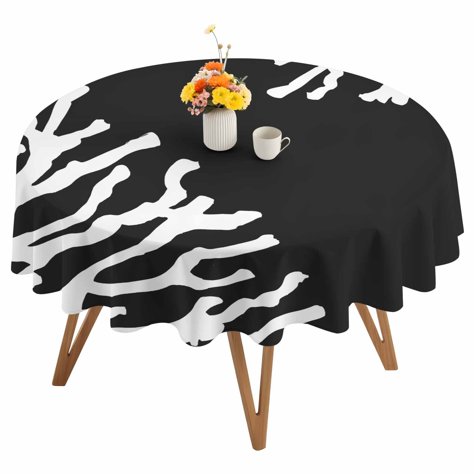 Round Tablecloth Nautical Coastal Waterproof Oil Proof Polyester Table Cloth Cover Decor for Home Dining Outdoor,Patio,Parties, 60" Dia. Ocean Coral Print Black White