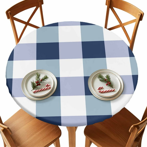 Round Tablecloth Navy Blue White Plaid Elastic Edge Fitted Checkerd Pattern Plastic Table Cover,Waterproof Oil Proof for Dinner,Outdoor, Picnic, 55"- 60" DIA Tables