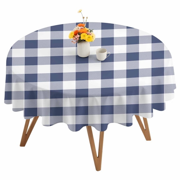Round Tablecloth Navy Blue White Plaid Waterproof Oil Proof Polyester Table Cloth Cover Decor for Home Dining Outdoor,Patio,Parties, 54" Dia. Rustic Vintage Checkered