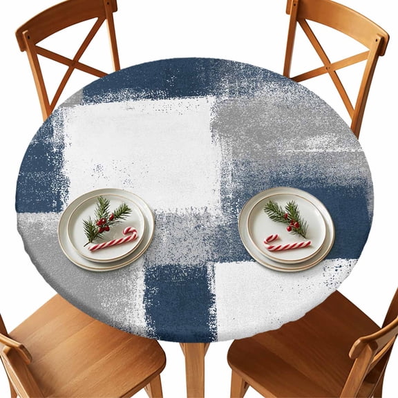 Round Tablecloth Navy Grey Paint Textured Elastic Edge Fitted Abstract Rustic Blue Tones Plastic Table Cover,Waterproof Oil Proof for Dinner,Outdoor, Picnic, 55"- 60" DIA Tables