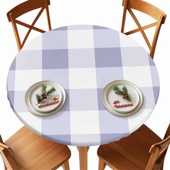 Round Tablecloth Ombre Purple White Plaid Elastic Edge Fitted Checkerd Pattern Plastic Table Cover,Waterproof Oil Proof for Dinner,Outdoor, Picnic, 45"- 54" DIA Tables