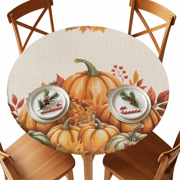Round Tablecloth Orange Pumpkins Fall Thanksgiving Elastic Edge Fitted Vintage Fallen Leaves Plastic Table Cover,Waterproof Oil Proof for Dinner,Outdoor, Picnic, 45"- 54" DIA Tables