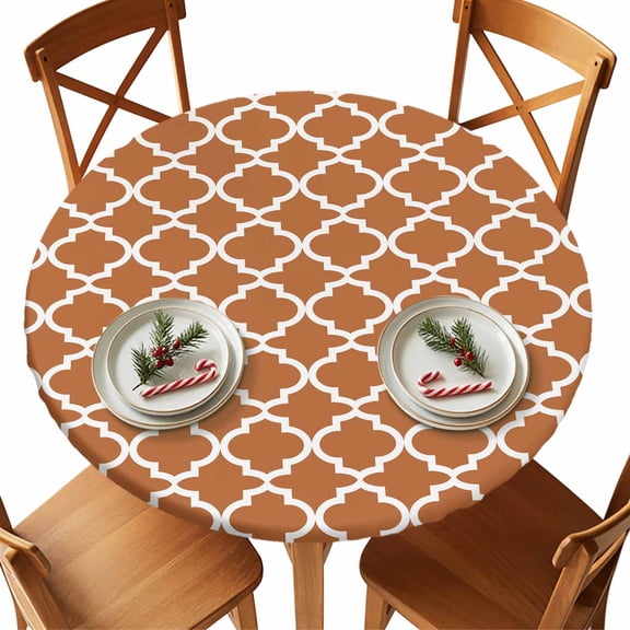 Round Tablecloth Orange White Geometric Elastic Edge Fitted Minimalist Morocco Pattern Plastic Table Cover,Waterproof Oil Proof for Dinner,Outdoor, Picnic, 45"- 54" DIA Tables