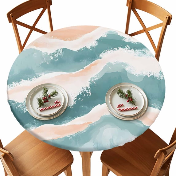 Round Tablecloth Pastel Teal Coral Elastic Edge Fitted Abstract Watercolor Wave Textured Plastic Table Cover,Waterproof Oil Proof for Dinner,Outdoor, Picnic, 45"- 54" DIA Tables