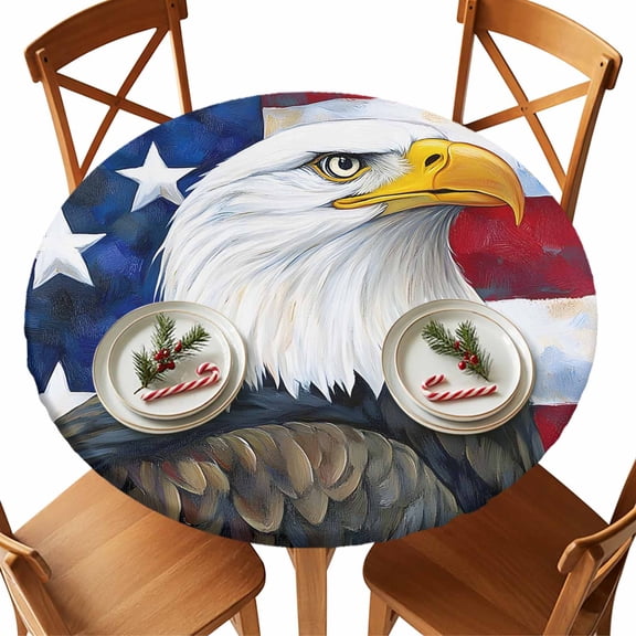 Round Tablecloth Patriotic Elastic Edge Fitted 4th of July American Flag Eagle Plastic Table Cover,Waterproof Oil Proof for Dinner,Outdoor, Picnic, 36" - 44" DIA Tables Red Blue Brown