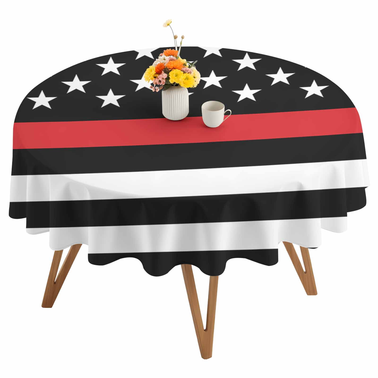 Round Tablecloth Patriotic Thin Red Line Flag Waterproof Oil Proof Polyester Table Cloth Cover Decor for Home Dining Outdoor,Patio,Parties, 60" Dia. Firefighter