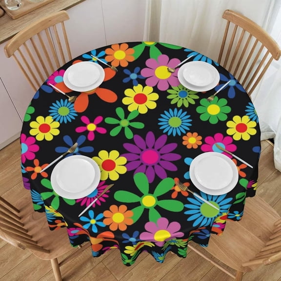 Round Tablecloth Pattern Printed Round Table Cloth Novelty Patterned Table Cover Colorful Flower Circle Dining Tablecover for Dining Kitchen and Picnic Camping, 60 Inch
