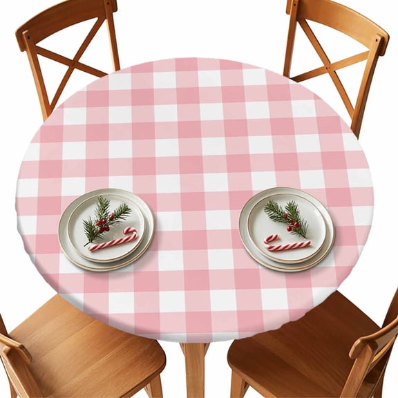 Round Tablecloth Pink Gingham Buffalo Check Elastic Edge Fitted Pink White Plaid Plastic Table Cover,Waterproof Oil Proof for Dinner,Outdoor, Picnic, 45"- 54" DIA Tables