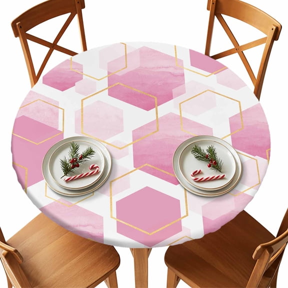 Round Tablecloth Pink White Gold Geometric Elastic Edge Fitted Modern Abstract Hexagon Pattern Plastic Table Cover,Waterproof Oil Proof for Dinner,Outdoor, Picnic, 45"- 54" DIA Tables