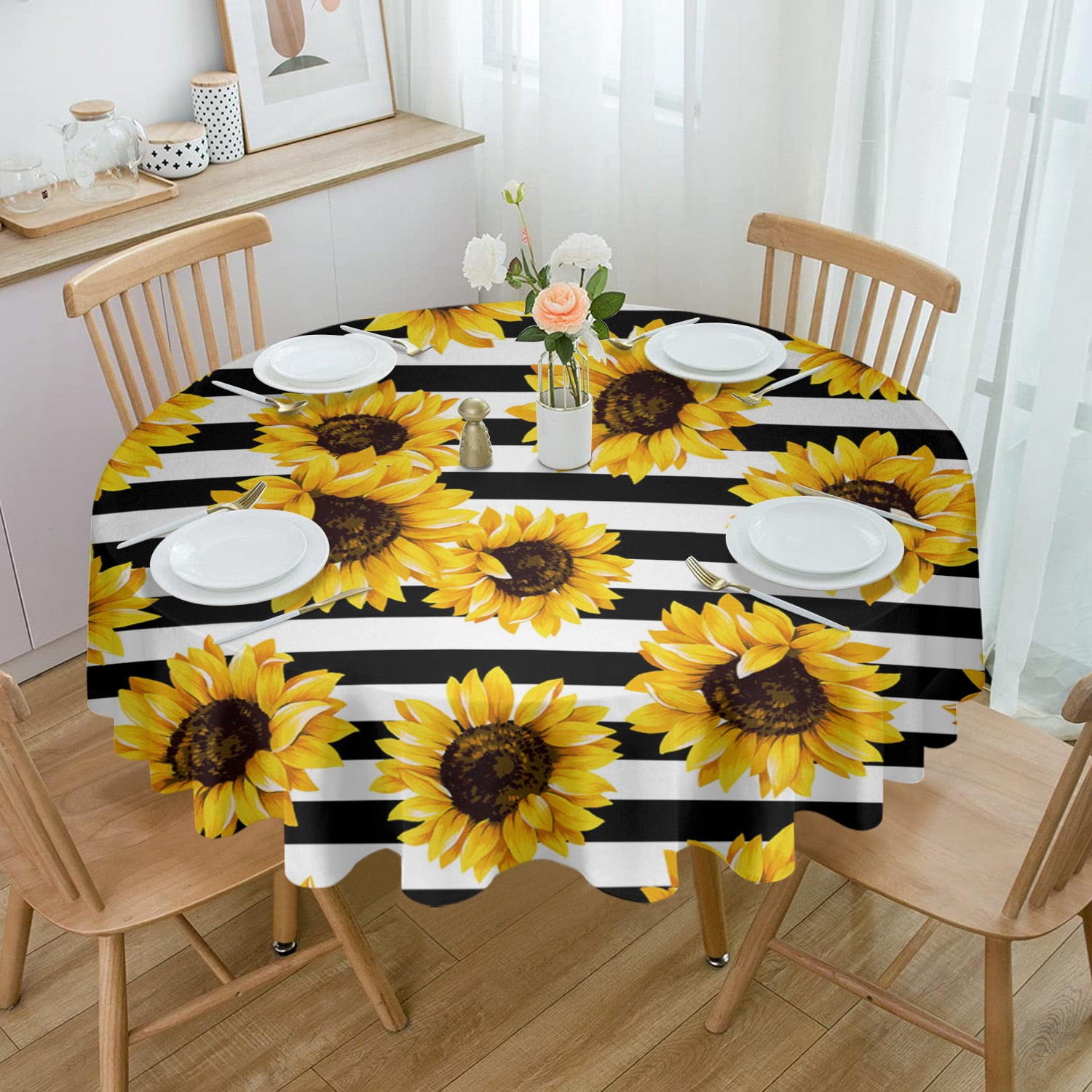 Round Tablecloth Plaid Sunflowers for Dining Table Waterproof Table
