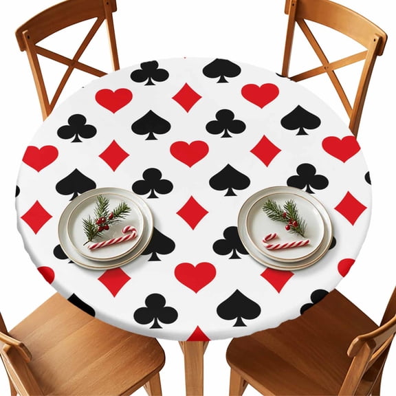Round Tablecloth Poker Game Texture Elastic Edge Fitted Red Black Casino Pattern Plastic Table Cover,Waterproof Oil Proof for Dinner,Outdoor, Picnic, 36" - 44"&nbsp; DIA Tables