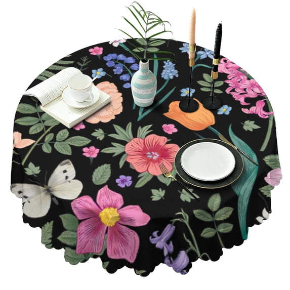 Round Tablecloth Polyester Material 60 Inch flower Waterproof Stain Wrinkle Free for Kitchen Table