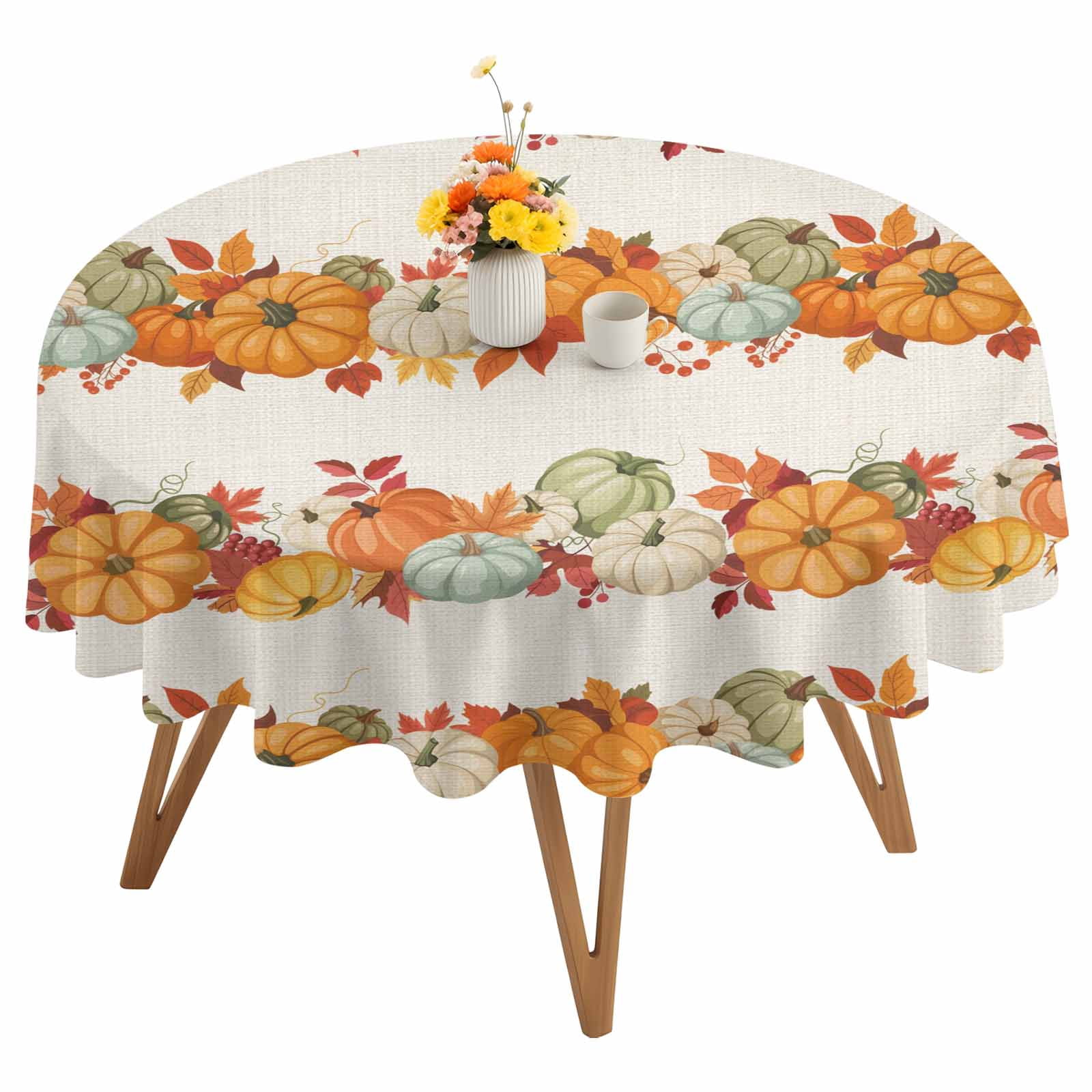 Round Tablecloth Pumpkins Fall Thanksgiving Waterproof Oil Proof Polyester Table Cloth Cover Decor for Home Dining Outdoor,Patio,Parties, 60" Dia. Farmhouse Autumn Leaves Floral