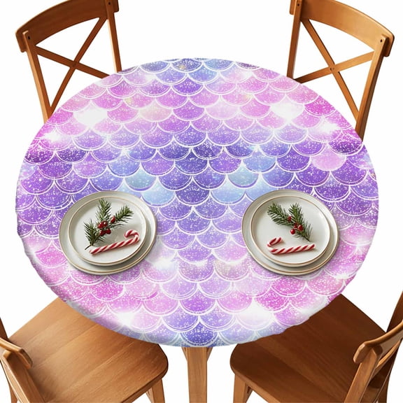 Round Tablecloth Purple Pink Mermaid Scales Elastic Edge Fitted Gradual Fish Scale Pattern Plastic Table Cover,Waterproof Oil Proof for Dinner,Outdoor, Picnic, 36" - 44" DIA Tables