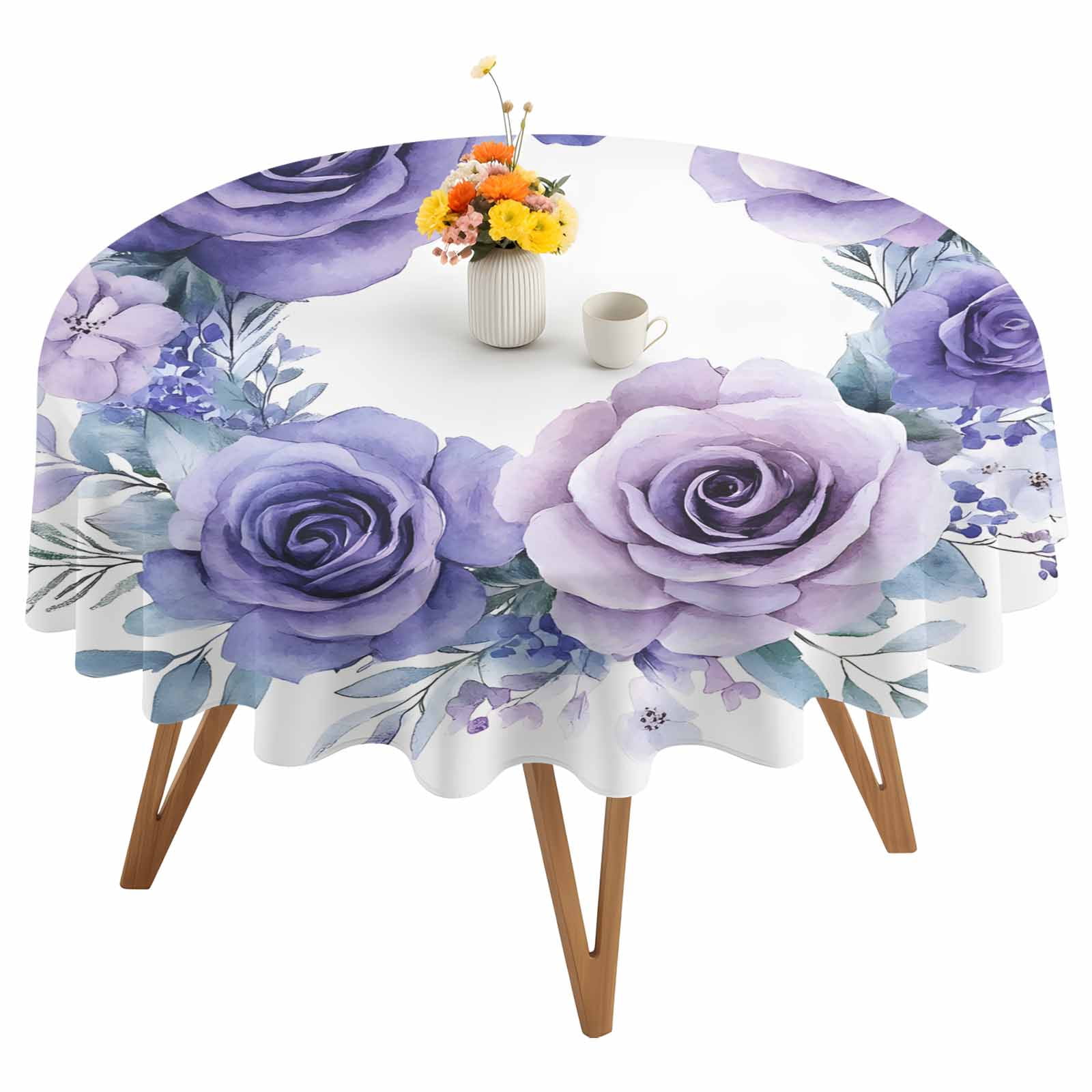 Round Tablecloth Purple Rose Waterproof Oil Proof Polyester Table Cloth Cover Decor for Home Dining Outdoor,Patio,Parties, 60" Dia. Watercolor Rustic Wreath