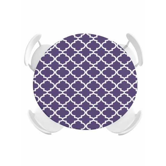 Round Tablecloth Purple White Geometric Elastic Edge Fitted Minimalist Morocco Pattern Plastic Table Cover,Waterproof Oil Proof for Dinner,Outdoor, Picnic, 45"- 54" DIA Tables