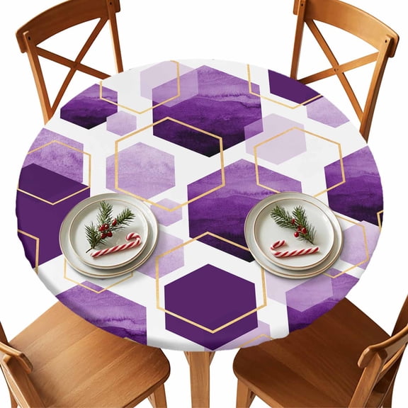 Round Tablecloth Purple White Gold Geometric Elastic Edge Fitted Modern Abstract Hexagon Pattern Plastic Table Cover,Waterproof Oil Proof for Dinner,Outdoor, Picnic, 45"- 54" DIA Tables