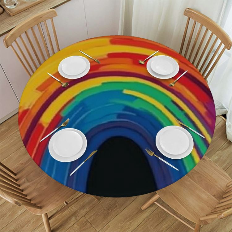 Round Tablecloth Rainbow Picnic Table Cloth Waterproof Elastic
