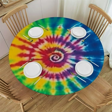 Round Tablecloth Rainbow Tie Dye Colorful Fitted Elastic Waterproof Wipeable Table Cloth Cover Decor Table