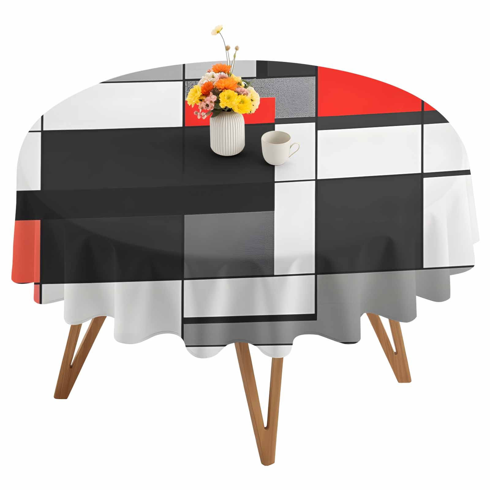 Round Tablecloth Red Black Gray Squares Waterproof Oil Proof Polyester Table Cloth Cover Decor for Home Dining Outdoor,Patio,Parties, 54" Dia. Abstract Geometric Art