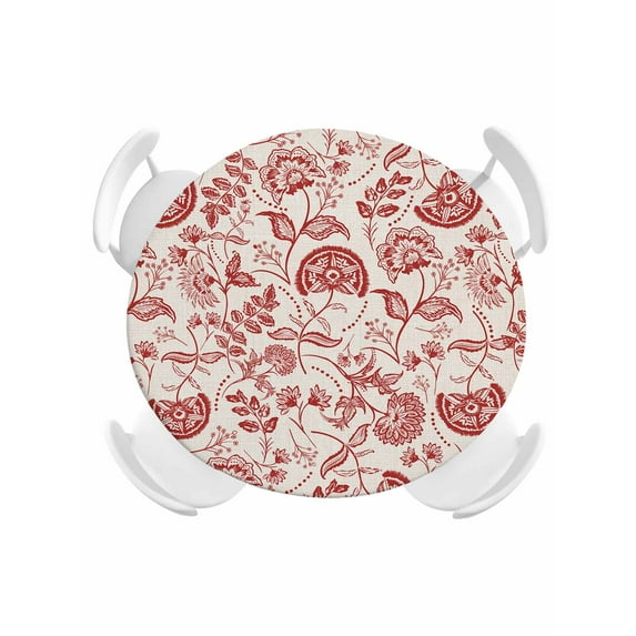 Round Tablecloth Red Chinoiserie Floral Elastic Edge Fitted Vintage Farmhouse Cottagecore Plastic Table Cover,Waterproof Oil Proof for Dinner,Outdoor, Picnic, 36" - 44"&nbsp; DIA Tables