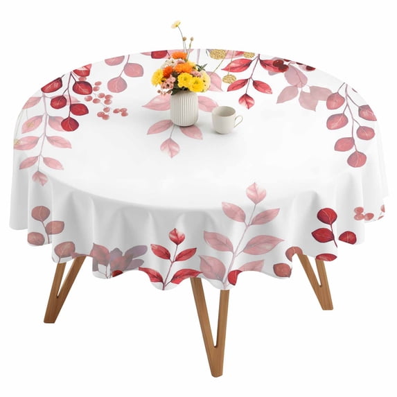 Round Tablecloth Red Christmas Eucalyptus Leaf Waterproof Oil Proof Polyester Table Cloth Cover Decor for Home Dining Outdoor,Patio,Parties, 60" Dia. Botanical Winter Floral White