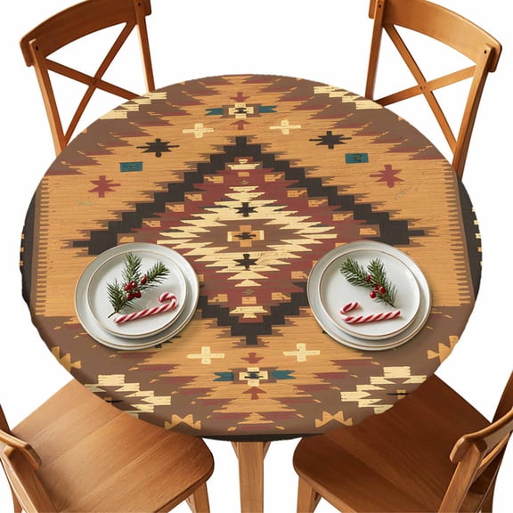 Round Tablecloth Retro Boho Elastic Edge Fitted Aztec Southwest Tribal Floral Pattern Plastic Table Cover,Waterproof Oil Proof for Dinner,Outdoor, Picnic, 55"- 60" DIA Tables Brown