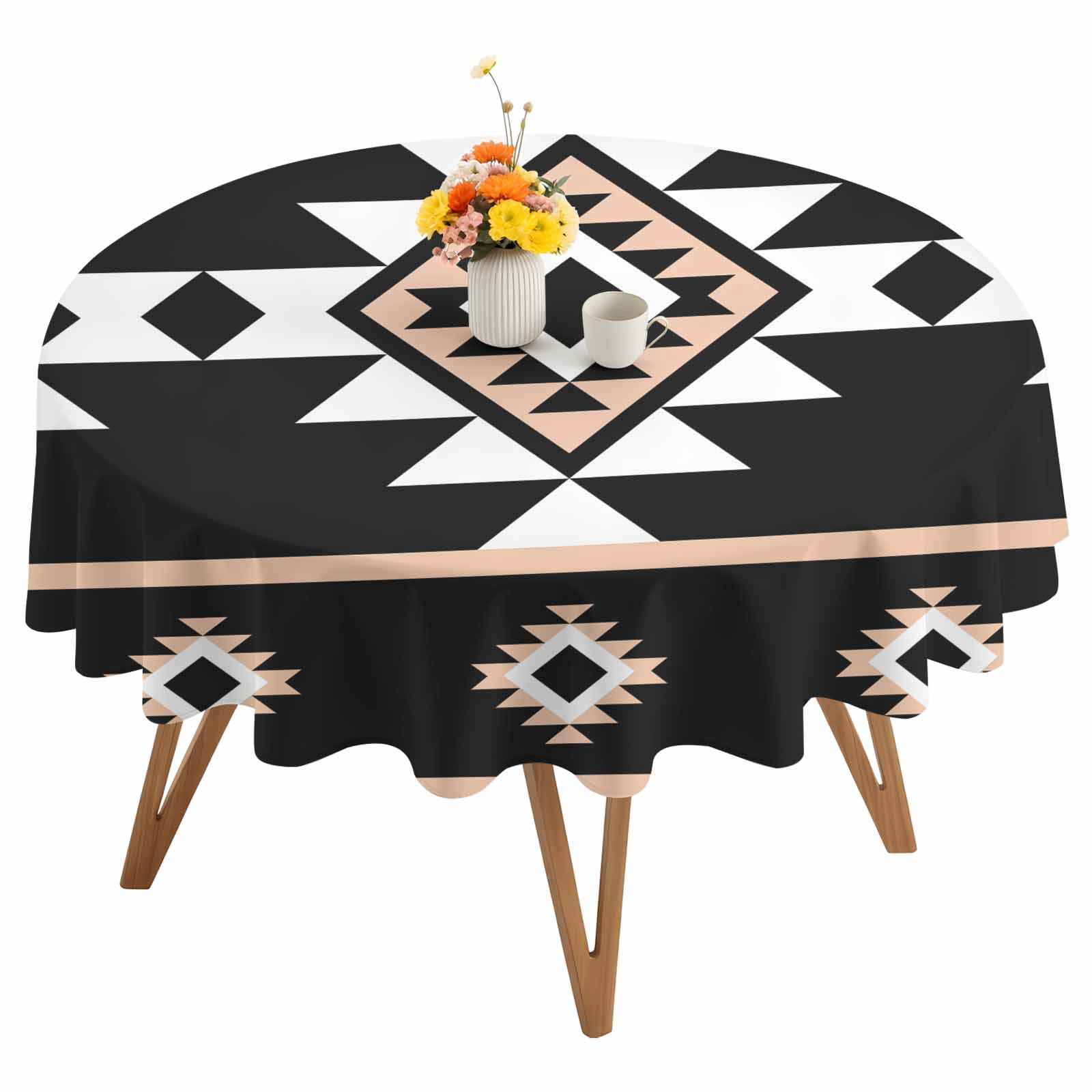Round Tablecloth Retro Boho Waterproof Oil Proof Polyester Table Cloth Cover Decor for Home Dining Outdoor,Patio,Parties, 60" Dia. Aztec Western Tribal Pattern Black Brown