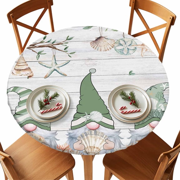Round Tablecloth Retro Coastal Elastic Edge Fitted Gnome Shell Starfish Plastic Table Cover,Waterproof Oil Proof for Dinner,Outdoor, Picnic, 45"- 54" DIA Tables Green Ivory
