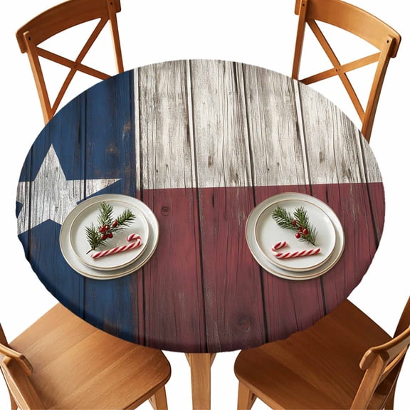 Round Tablecloth Retro Western Texas Stars Elastic Edge Fitted Rustic Country Wood Plastic Table Cover,Waterproof Oil Proof for Dinner,Outdoor, Picnic, 36" - 44"&nbsp; DIA Tables