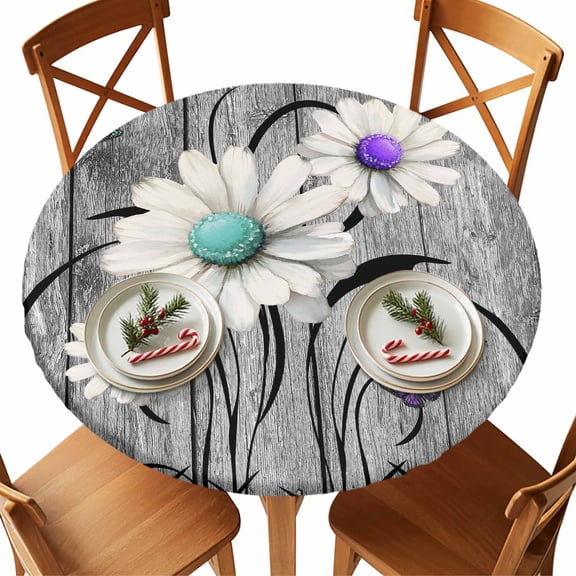 Round Tablecloth Rustic Daisy Elastic Edge Fitted Teal Flowers Grey Wood Textured Plastic Table Cover,Waterproof Oil Proof for Dinner,Outdoor, Picnic, 36" - 44"&nbsp; DIA Tables