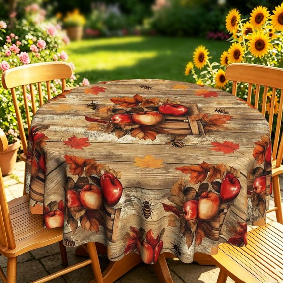 Round Tablecloth, Rustic Fall Red Apple Maple Leaf Bee 2D Print, Decorative Table Cover for Kitchen Dining, Outdoor Garden Patio, Harvest Thanksgiving Home Decor