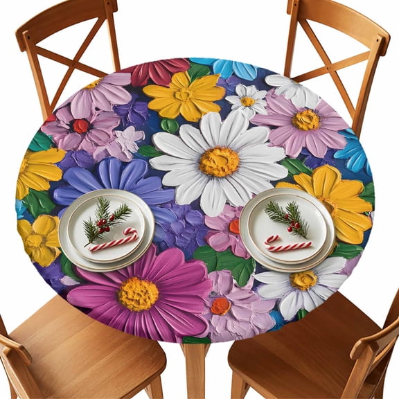 Round Tablecloth Rustic Floral Bright Wildflowers Pattern Elastic Edge Fitted Colorful Plastic Table Cover,Waterproof Oil Proof for Dinner,Outdoor, Picnic, 36" - 44"&nbsp; DIA Tables