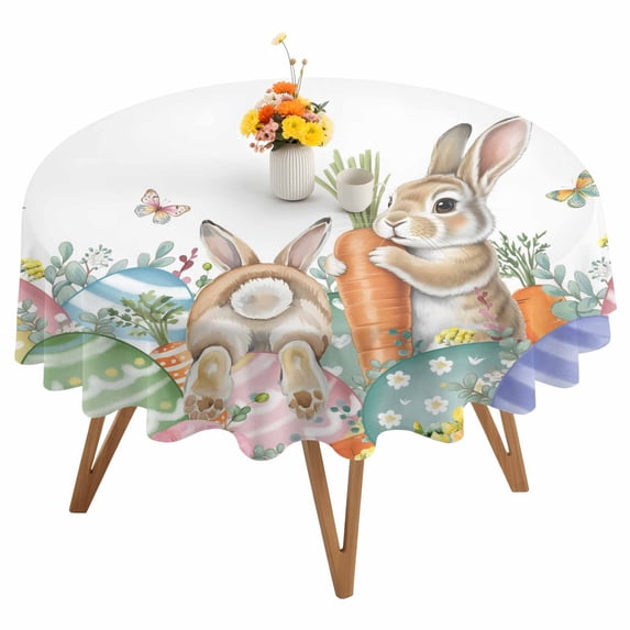 Round Tablecloth Rustic Floral Easter Waterproof Oil Proof Polyester Table Cloth Cover Decor for Home Dining Outdoor,Patio,Parties, 60" Dia. Funny Bunny Tails Color Eggs Green Leaf White