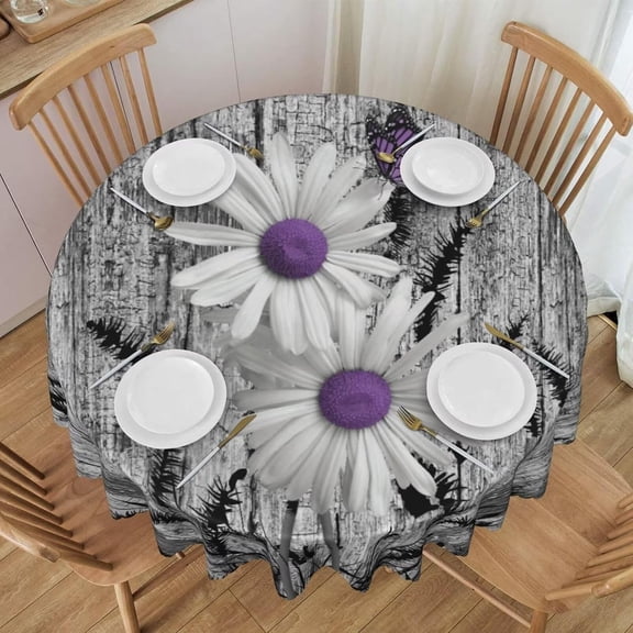 Round Tablecloth Rustic Floral Round Table Cloth White Purple Daisy Flower Table Cover Farmhouse Daisy Circle Dining Tablecover for Dining Kitchen and Picnic Camping, 60 Inch