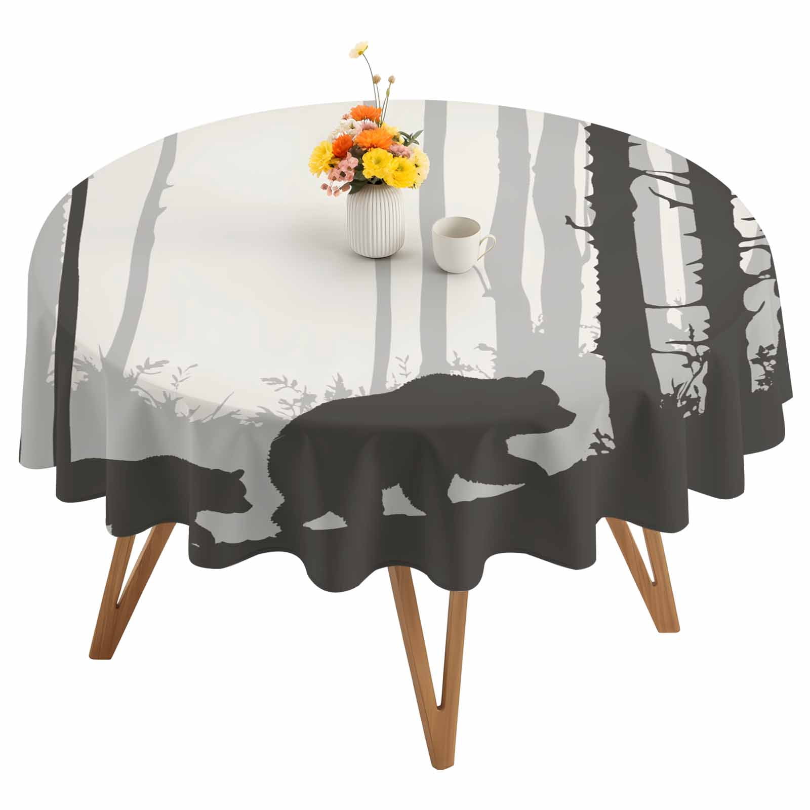 Round Tablecloth Rustic Forest Bear Silhouette Waterproof Oil Proof Polyester Table Cloth Cover Decor for Home Dining Outdoor,Patio,Parties, 54" Dia. Black Gray Farmhouse Country